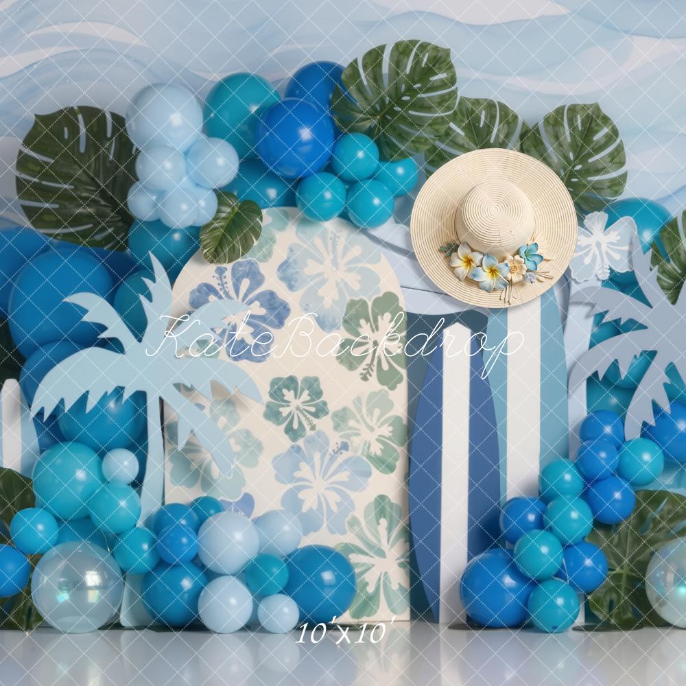Kate Summer Palm Leaves Blue Balloons Straw Hat Printed Backdrop Designed by Emetselch