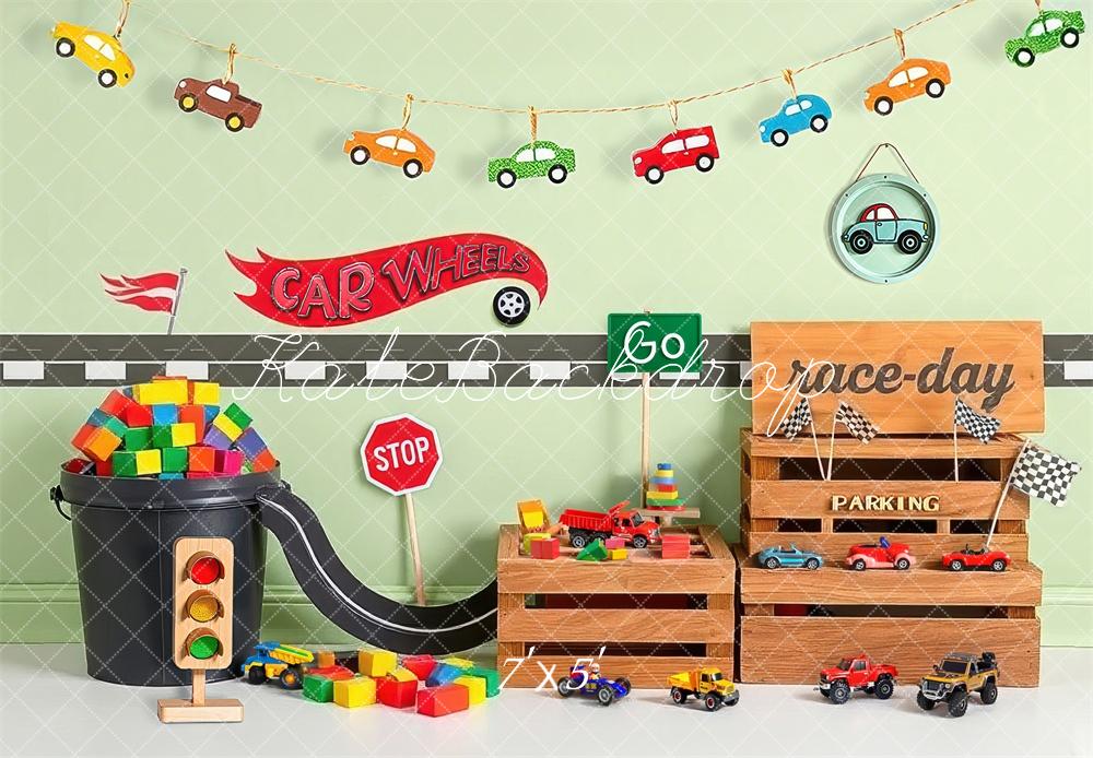Kate Cake Smash Car Race Wheels Toys Backdrop Designed by Laura Bybee