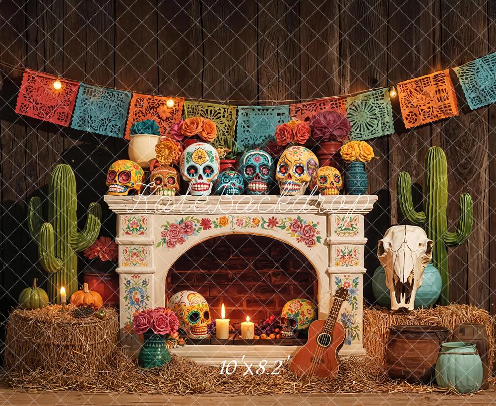 Kate Day Of The Dead Fireplace Skulls Guitar Cactus Papel Picado Backdrop Designed by Emetselch