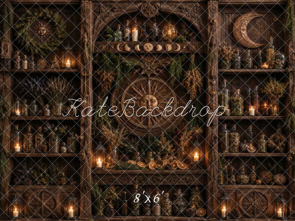 Kate Witch Apothecary Witchcraft Shelves Printed Backdrop Designed by Vertigo Productions