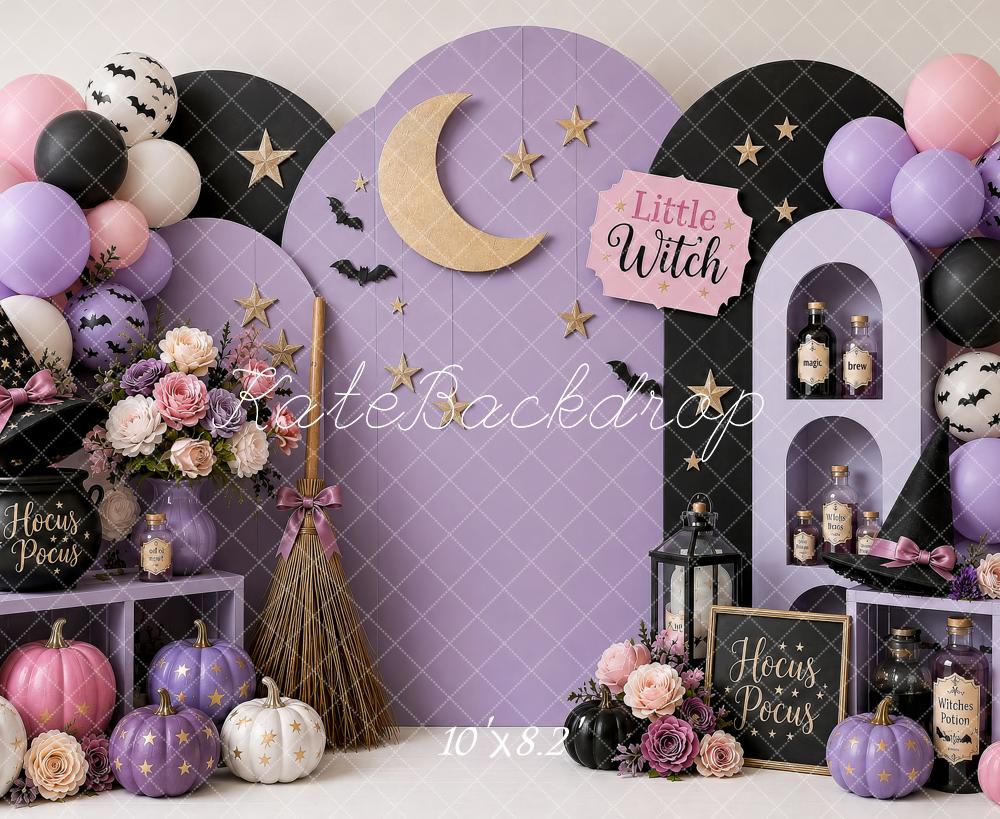 Kate Halloween Birthday Witch Hat Purple Moon Pumpkins Balloons Printed Backdrop Designed by Shutter Swan Studios
