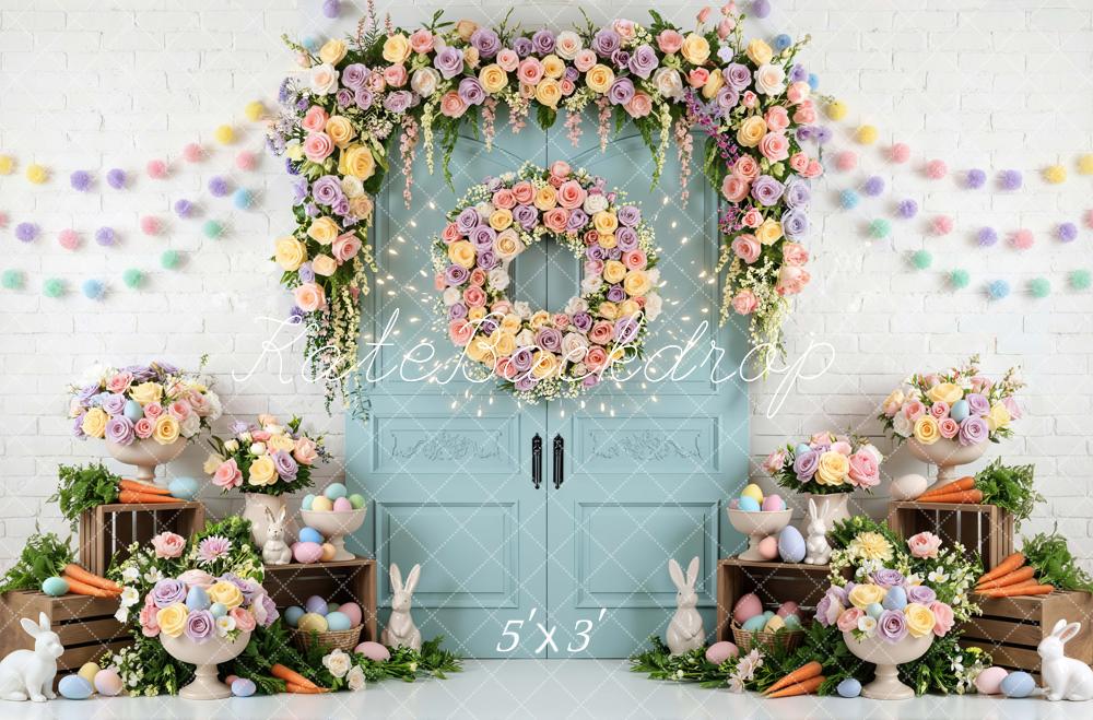 Kate Easter Bunny Flower Arch Pastel Eggs Blue Door Backdrop Designed by Mini MakeBelieve