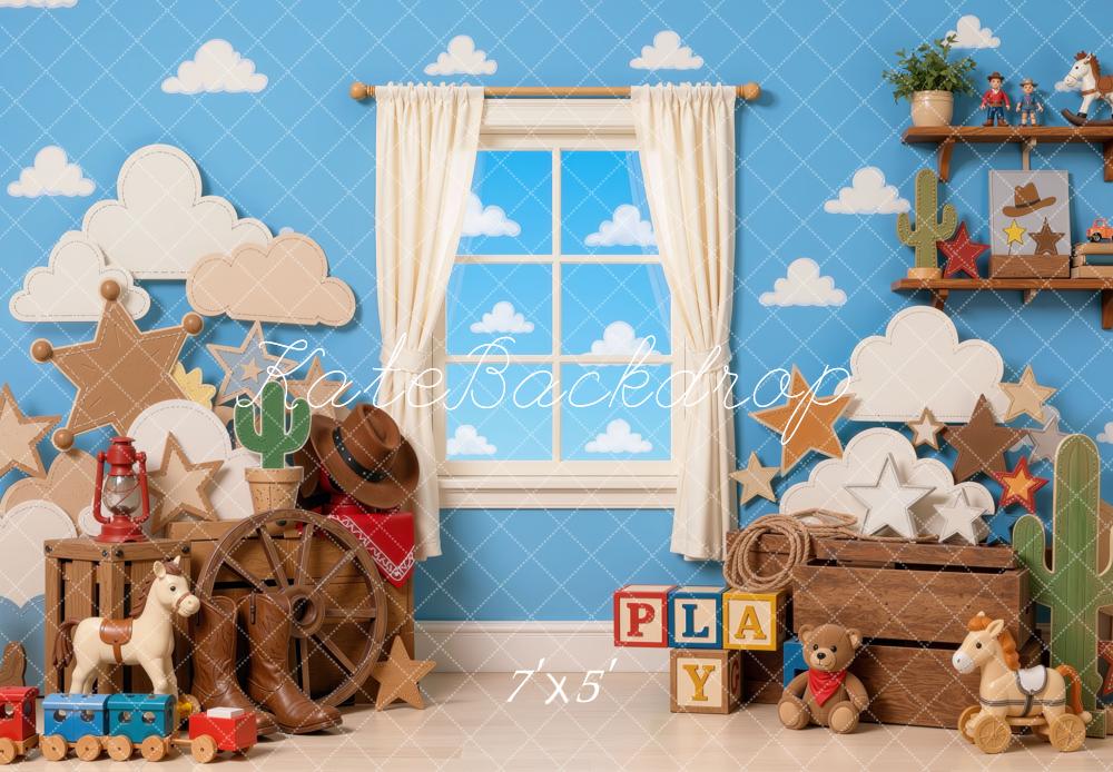 Kate Birthday Cowboy Western Clouds Cactus Stars Toys Printed Backdrop Designed by Mini MakeBelieve