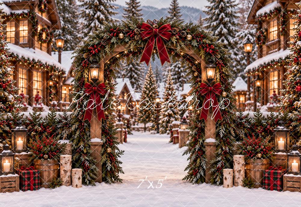 Kate Christmas Snowy Village Arch Garland Red Bow Printed Backdrop Designed by Ashley Paul