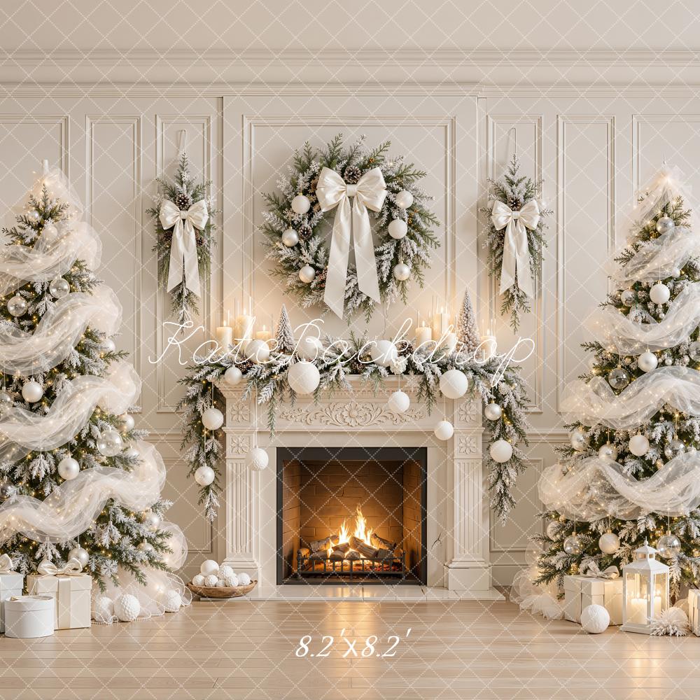 Kate Christmas Trees White Sheer Organza Ribbon Fireplace Wreath Printed Backdrop Designed by Emetselch