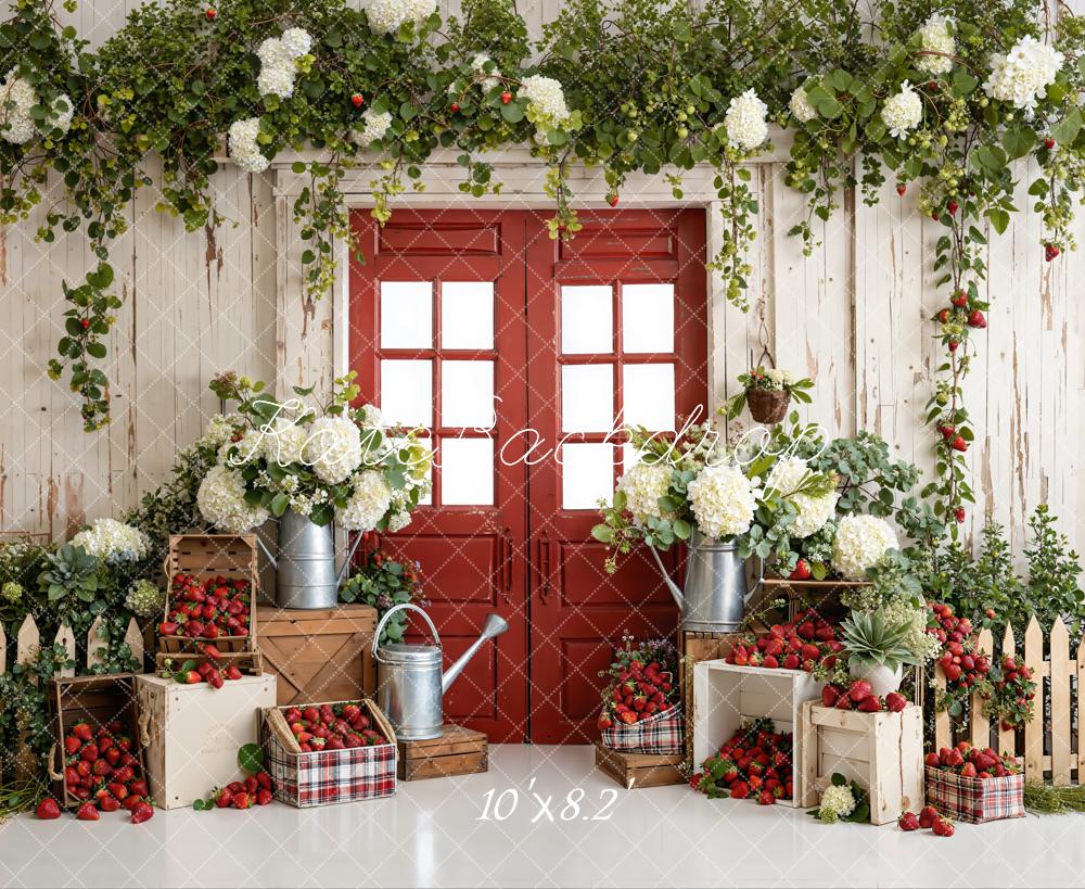 Kate Rustic Red Door White Hydrangeas Strawberries Crates Backdrop Designed by Emetselch