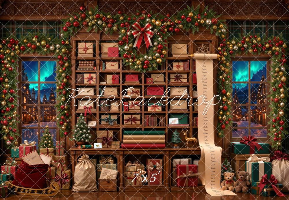 Kate Christmas Santa's Workshop Garland Gift Shelf Printed Backdrop Designed by Mini MakeBelieve