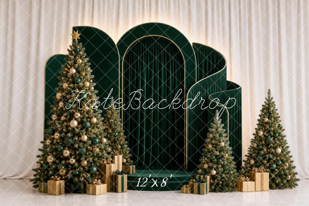 Kate Christmas Green Arch Panel Christmas Trees Gifts Printed Backdrop Designed by Ashley Ward