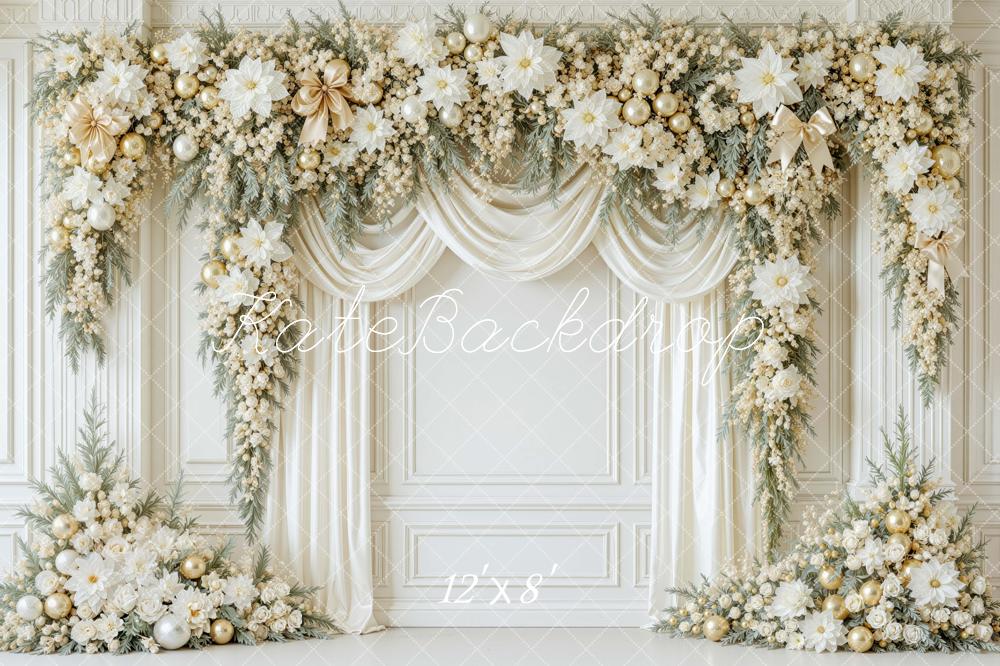 Kate Christmas White Gold Flower Arch Drapes Printed Backdrop Designed by Mini MakeBelieve