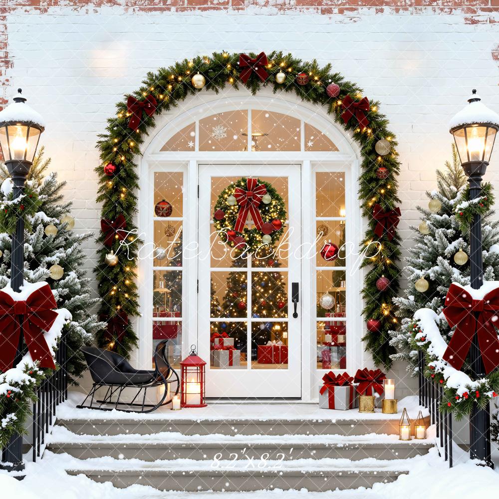 Kate Christmas Snowy Front Door Stairs Garland Trees Backdrop Designed by Mini MakeBelieve