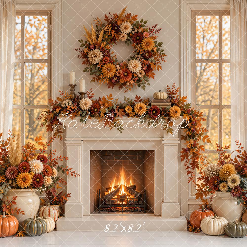 Kate Fall Fireplace Floral Wreath Pumpkins Printed Backdrop Designed by Emetselch