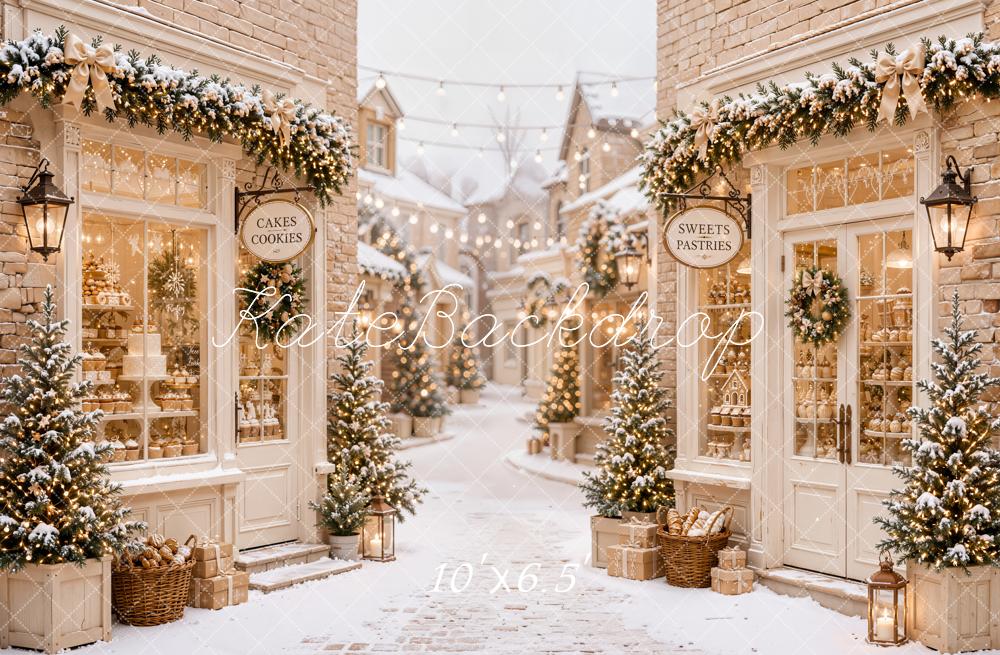Kate Christmas Snowy Village Bakery Street Printed Backdrop Designed by Emetselch