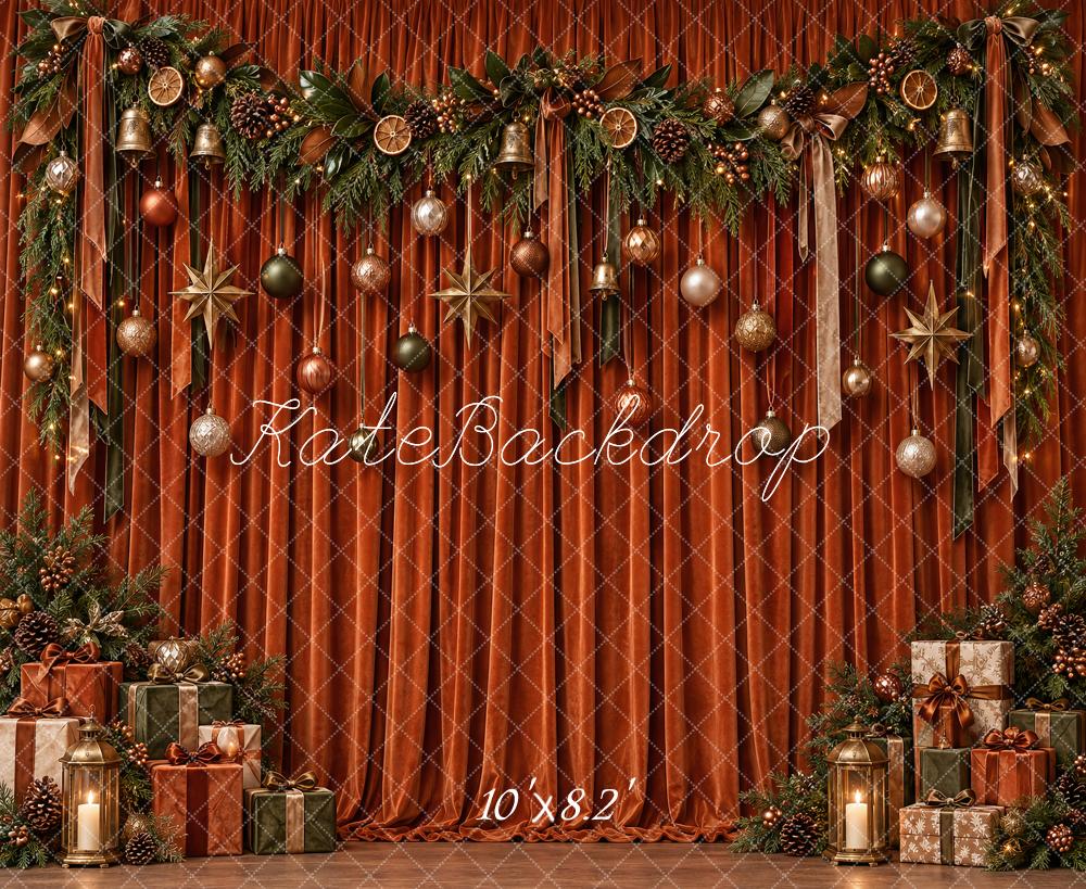 Kate Christmas Burnt Orange Velvet Curtain Ornaments Garland Lights Printed Backdrop Designed by Vertigo Productions