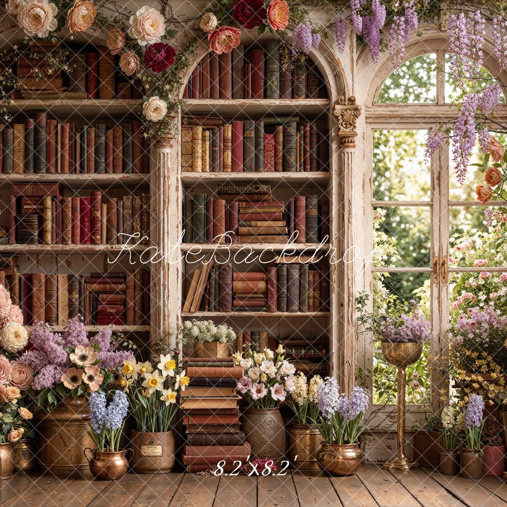 Kate Bookshelf Flower Arch Window Printed Backdrop Designed by Emetselch
