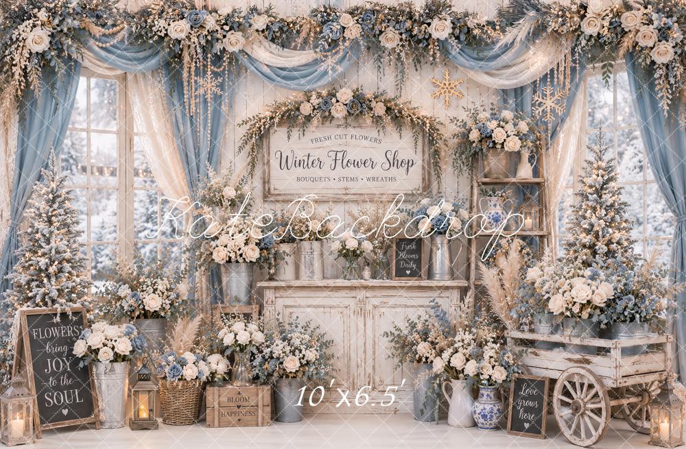 Kate Winter Flower Shop Blue Floral Cart Garland Drapes Printed Backdrop Designed by Ashley Paul