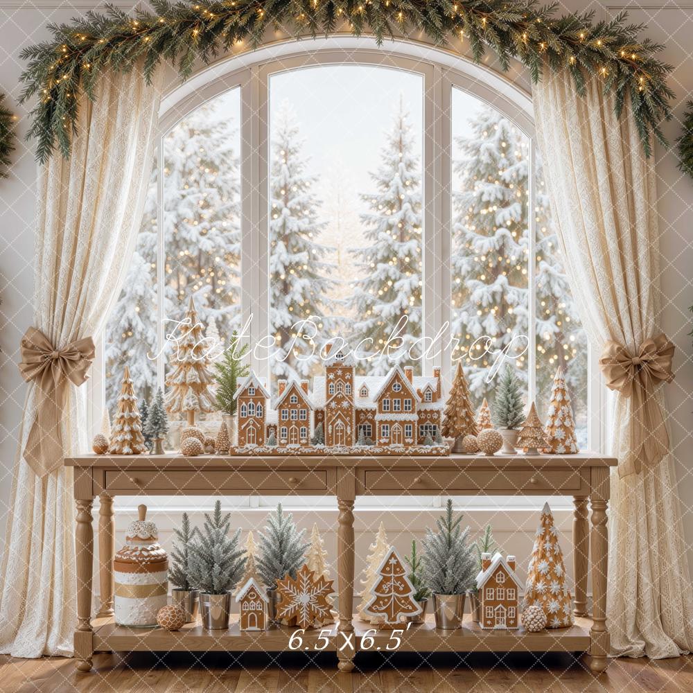 Kate Christmas Gingerbread Village Window Garland Curtains Printed Backdrop Designed by Mini MakeBelieve