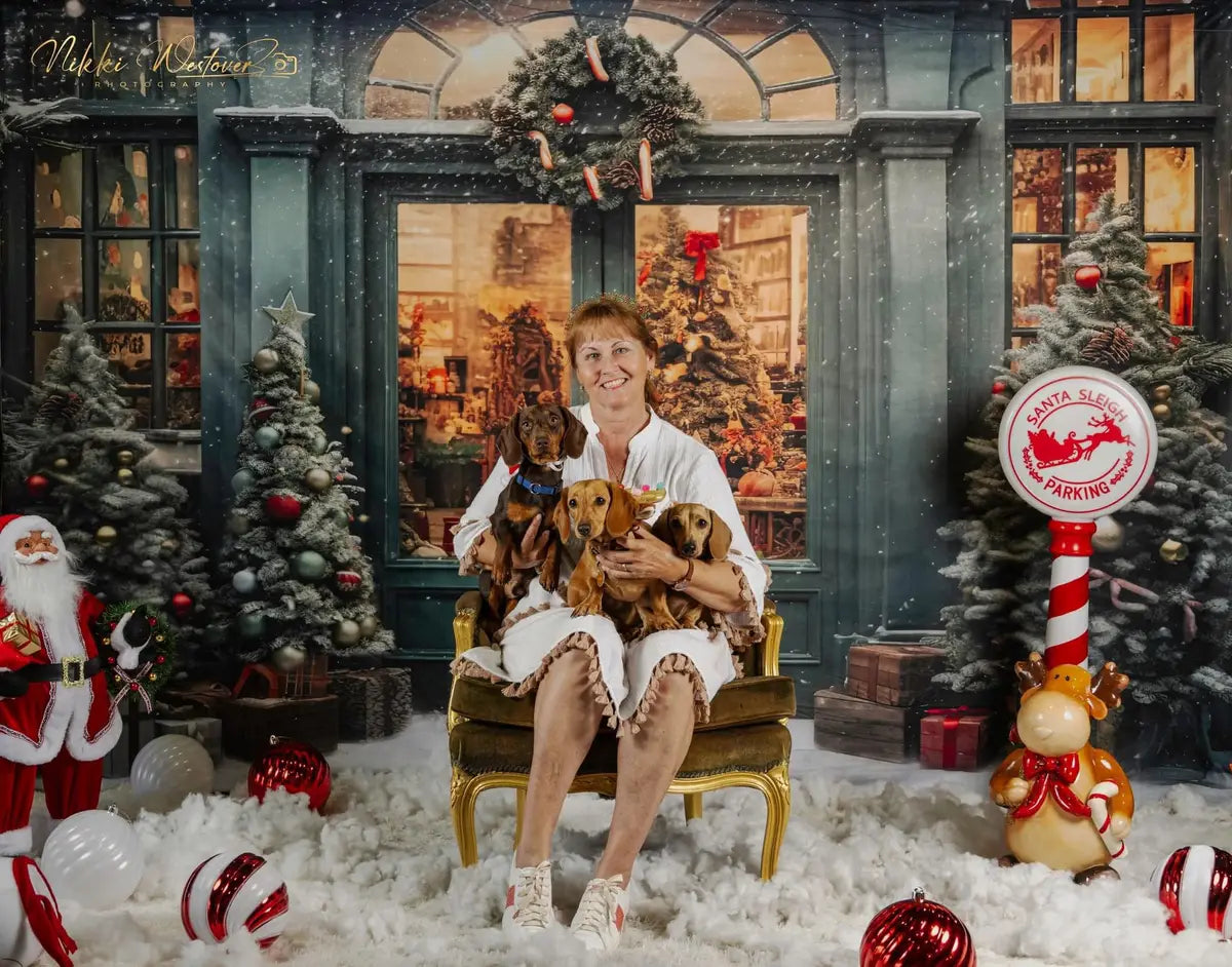 Kerst Sneeuw Groen Huis Winkel Boom Foto Achtergrond Ontworpen door Emetselch