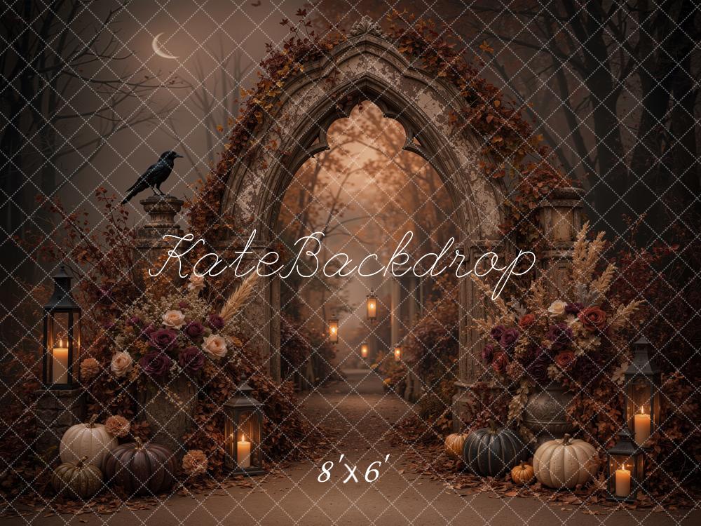 Kate Halloween Gothic Arch Pumpkins Flowers Candles Printed Backdrop Designed by Jordan Moon