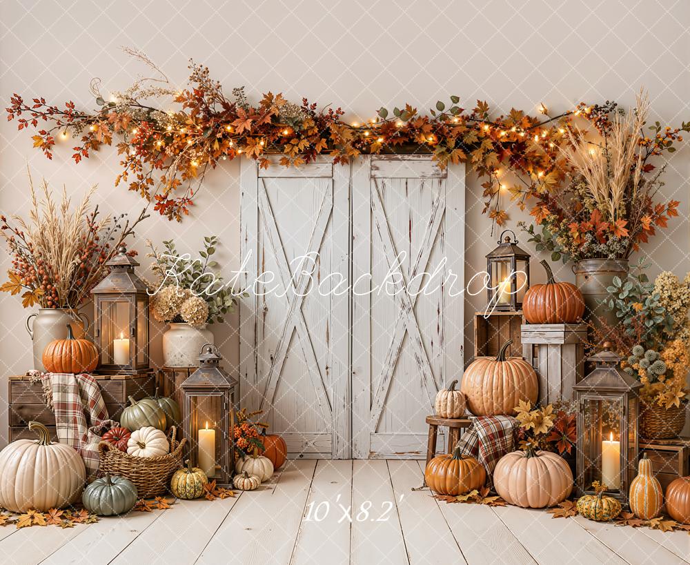 Kate Fall Rustic White Barn Door Pumpkin Lanterns Leaves Printed Backdrop Designed by Emetselch