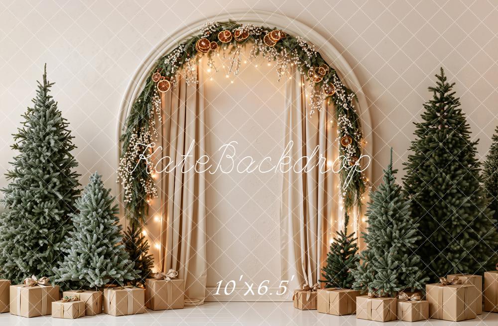 Kate Christmas Pine Garland Arch Pine Trees Presents Beige Printed Backdrop Designed by Emetselch
