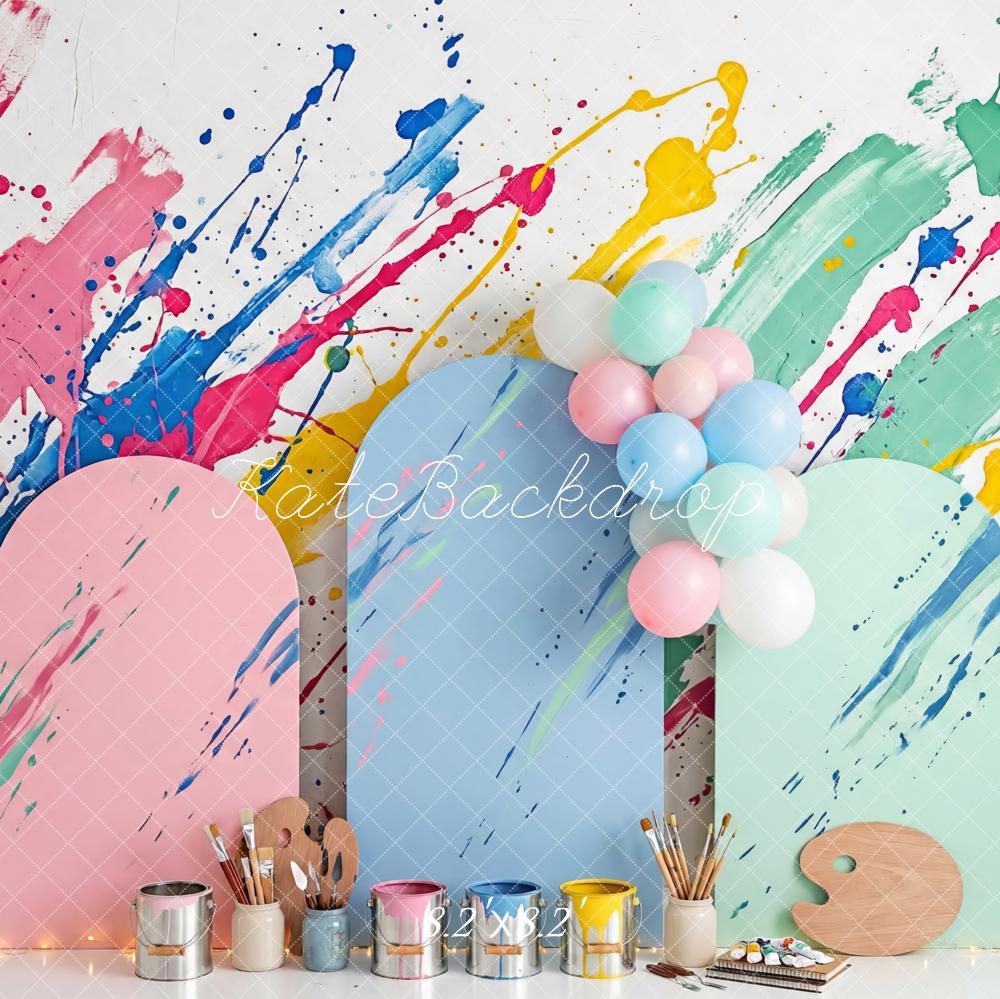Kate Party Paint Splatter Art Pastel Panels Balloons Printed Backdrop Designed by Patty Roberts