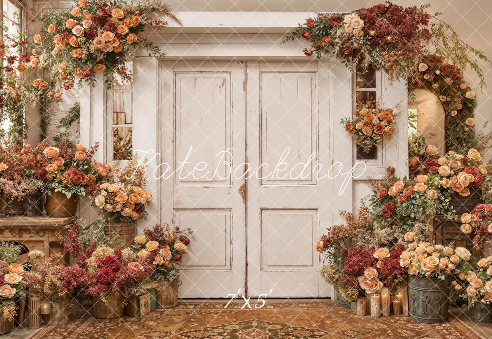 Kate Spring Flower Arch Vintage White Doors Peach and Red Roses Backdrop Designed by Emetselch