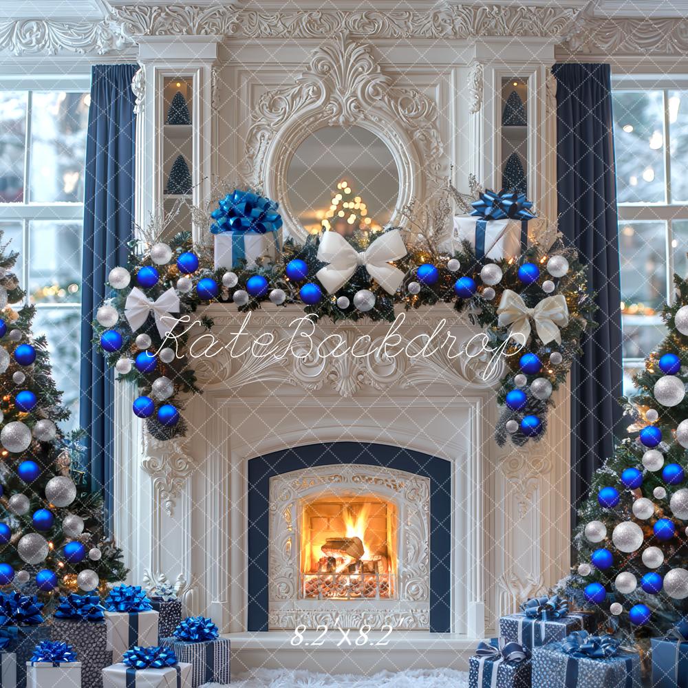 Kate Christmas Fireplace Blue Silver Ornaments Trees Retro Backdrop Designed by Mini MakeBelieve