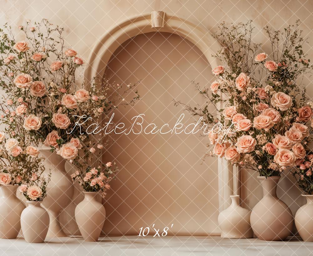 Kate Mother's Day Floral Arch Peach Roses Beige Backdrop Designed by Emetselch