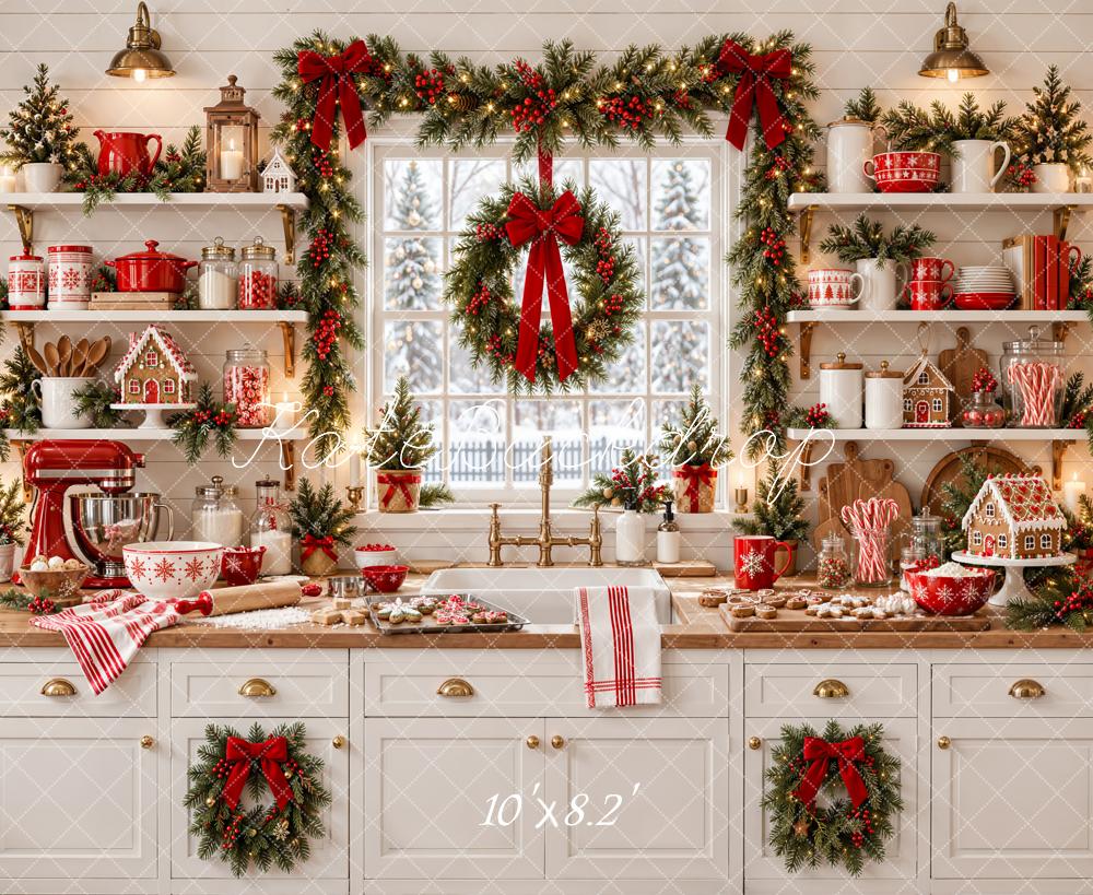 Kate Christmas Gingerbread Kitchen Garland Wreath Printed Backdrop Designed by Emetselch