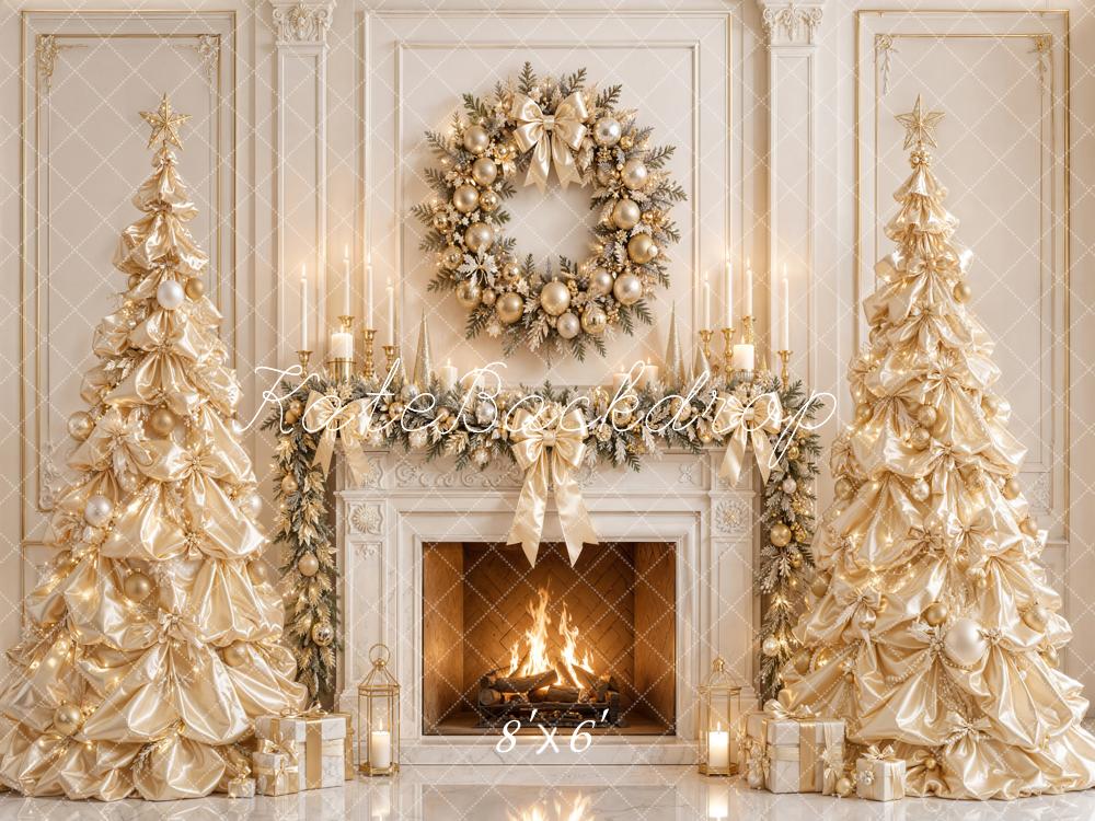 Kate Christmas Gold Satin Trees Wreath Fireplace Garland Printed Backdrop Designed by Emetselch