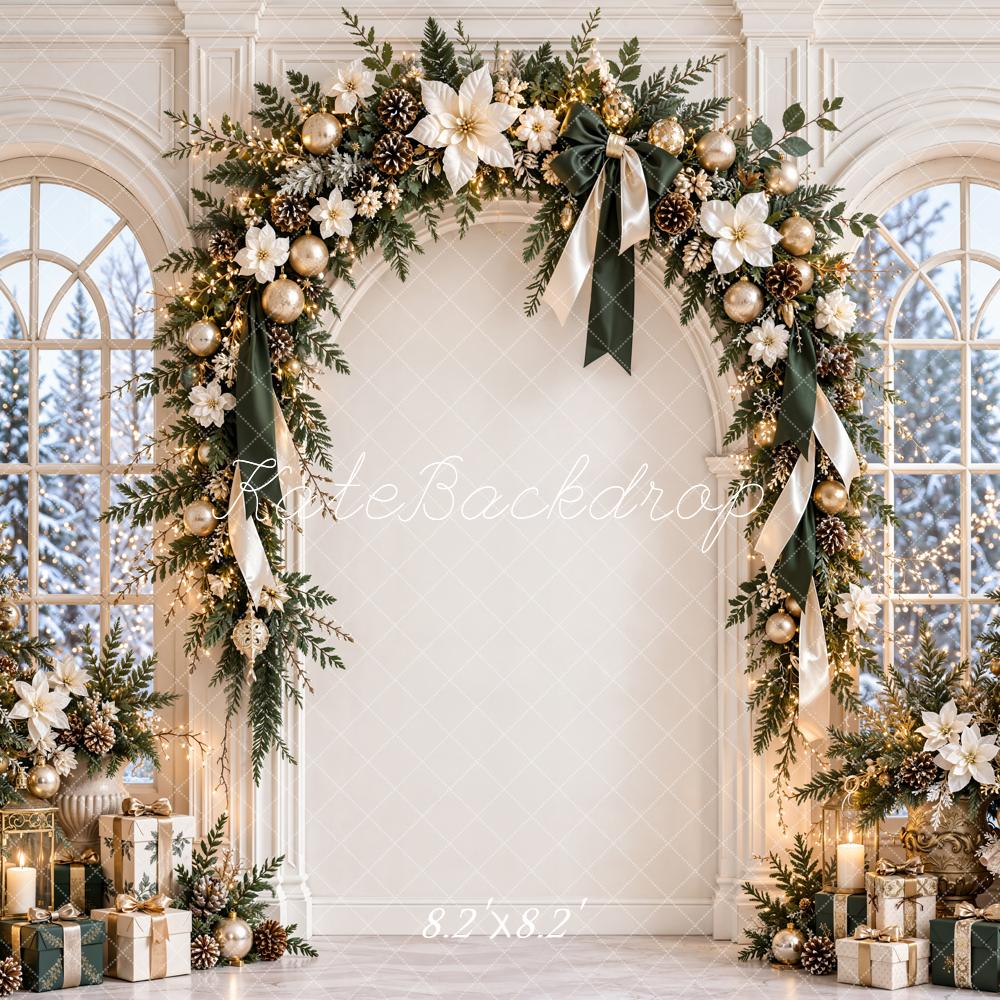 Kate Christmas Trees White Flower Arch Windows Poinsettias Printed Backdrop Designed by Emetselch