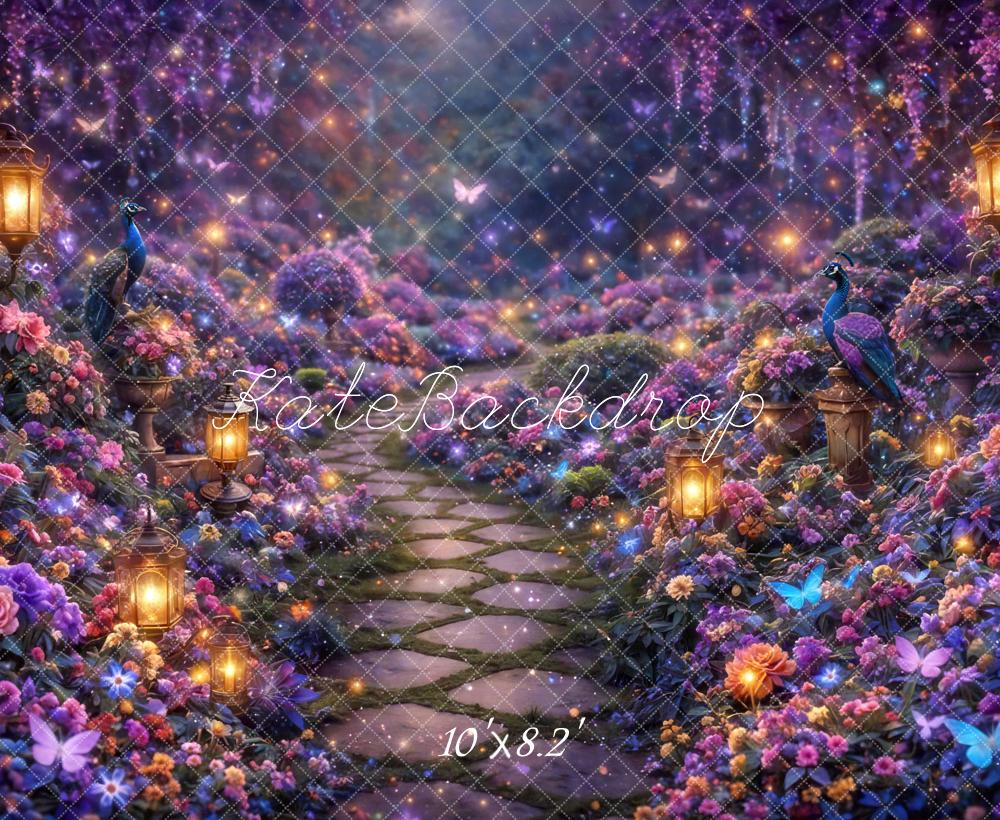 Kate Fairy Fantasy Purple Garden Path with Lanterns and Peacocks Printed Backdrop Designed by Mini MakeBelieve
