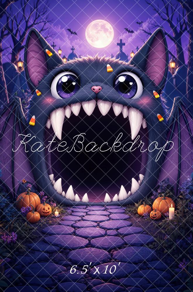Kate Halloween Trunk or Treat Purple Bat Monster Pumpkins Cobblestone Printed Backdrop Designed by Mini MakeBelieve