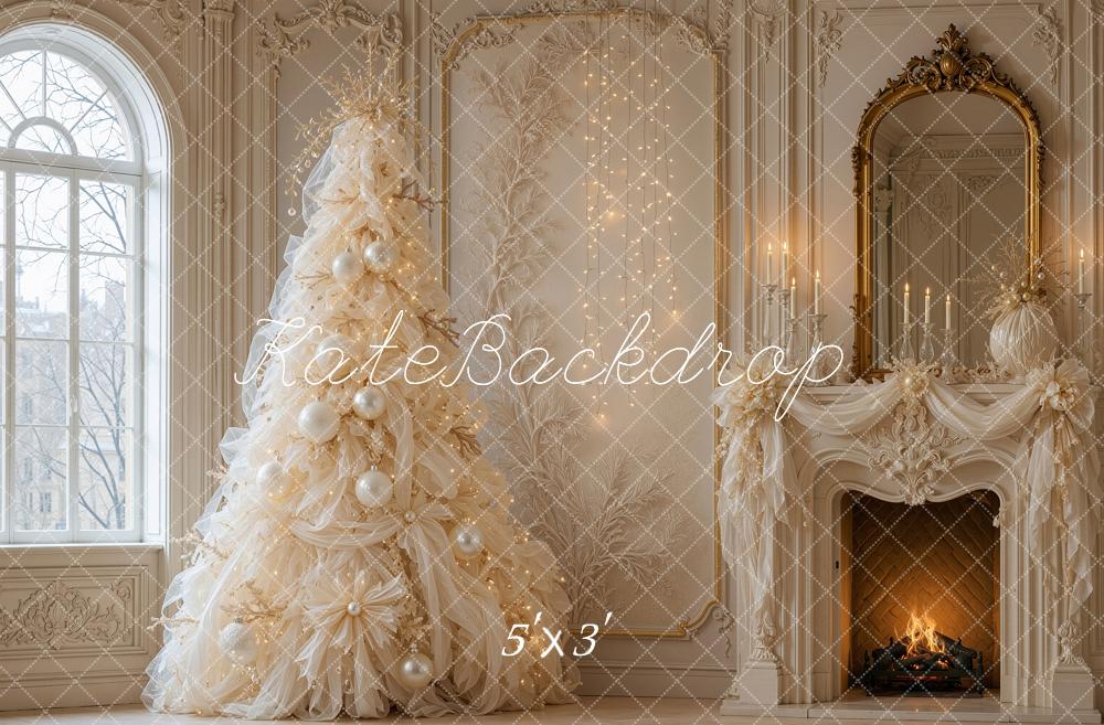Kate Christmas Tree Luxury Ivory Tulle Fireplace Mirror Printed Backdrop Designed by Shutter Swan Studios