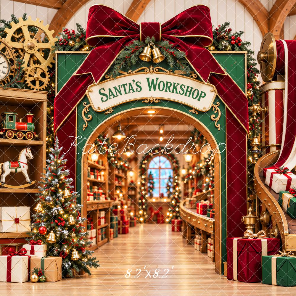 Kate Christmas Santa's Workshop Bow Arch Gifts Printed Backdrop Designed by Emetselch