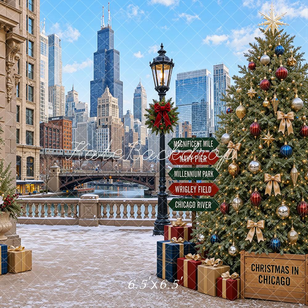 Kate Christmas Trees Chicago Cityscape Architecture Printed Backdrop Designed by Shutter Swan Studios