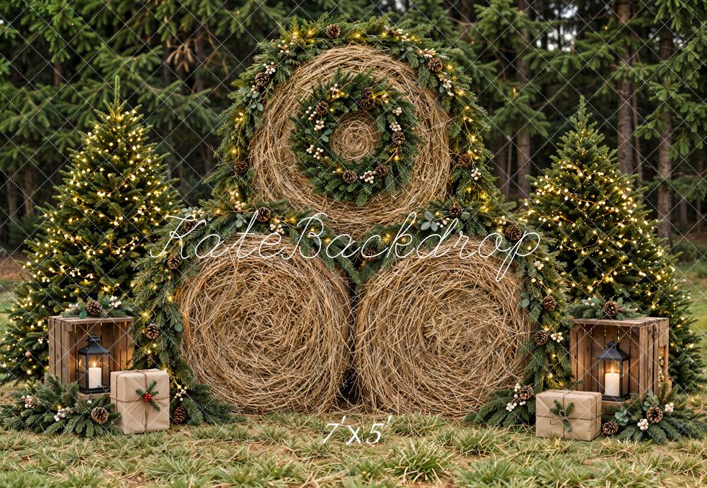 Kate Christmas Hay Bale Wreath Pine Forest Printed Backdrop Designed by Emetselch