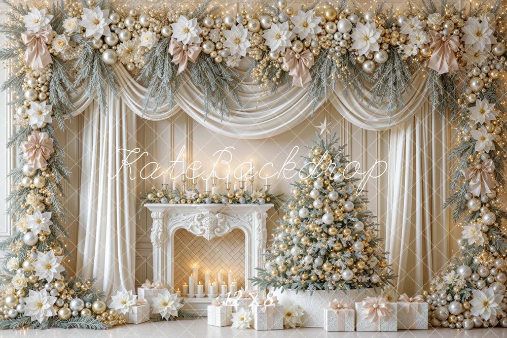 Kate Christmas Fireplace Ivory Gold Garland Tree Drapes Printed Backdrop Designed by Mini MakeBelieve