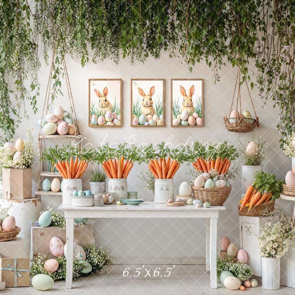 Kate Easter Bunny Carrots Pastel Eggs Floral Greenery Backdrop Designed by Emetselch