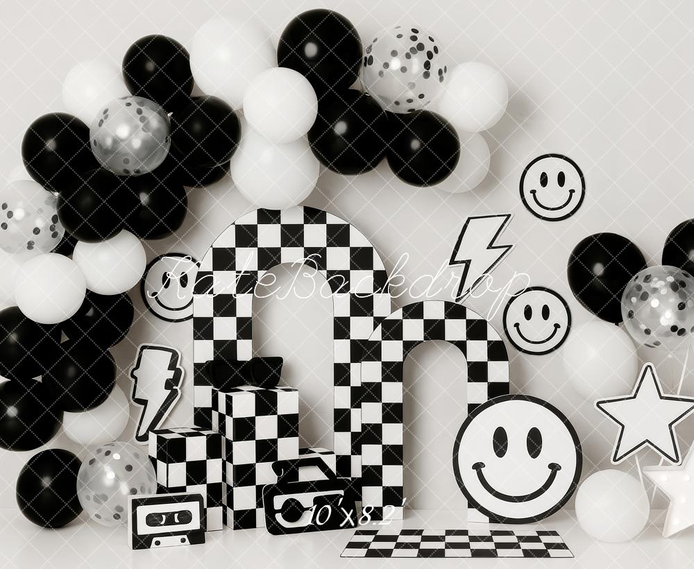Kate Cake Smash Black White Checkered Arch Balloons Smiley Face Backdrop Designed by Patty Roberts