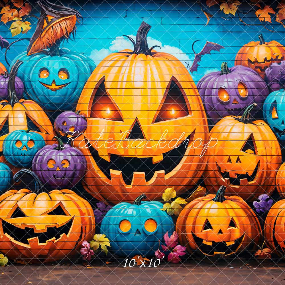 Kate Halloween Graffiti Wall Pumpkin Lanterns Printed Backdrop Designed by Emetselch
