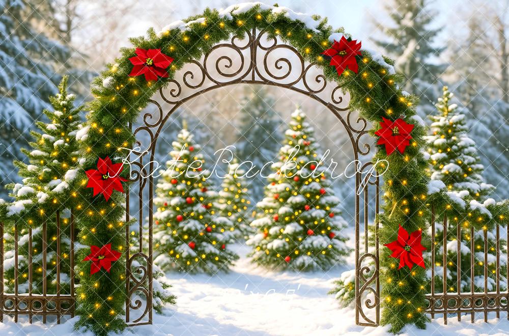 Kate Christmas Arch Poinsettias Garland Snowy Trees Backdrop Designed by Mini MakeBelieve