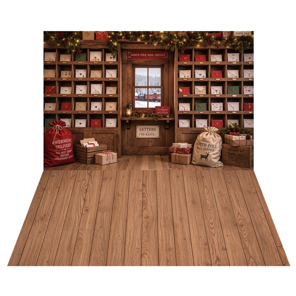 Kate Christmas North Pole Mail Room Letters Presents Shelves Garland Printed Backdrop+Brown Wood Plank Retro Wall Printed Backdrop