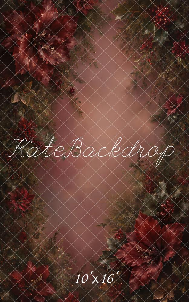 Kate Christmas Fine Art Burgundy Poinsettia Floral Printed Backdrop Designed by GQ