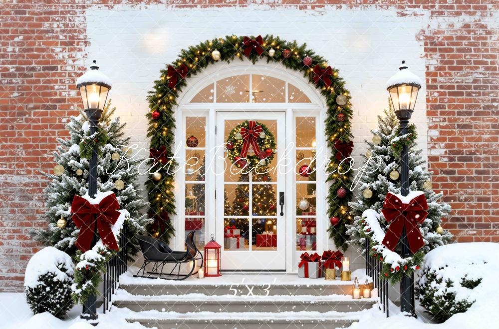 Kate Christmas Snowy Front Door Stairs Garland Trees Backdrop Designed by Mini MakeBelieve