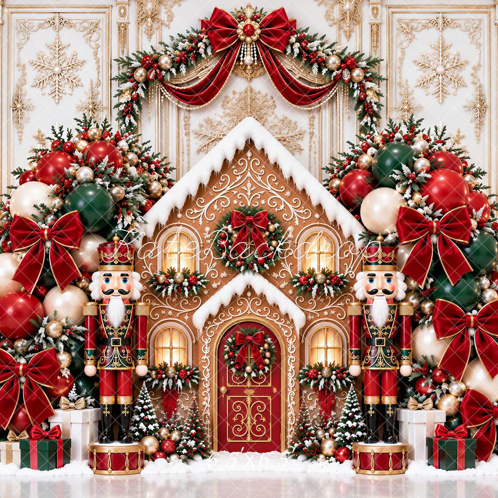Kate Christmas Gingerbread House Nutcracker Arch Red Bow Snow Printed Backdrop Designed by Ashley Paul