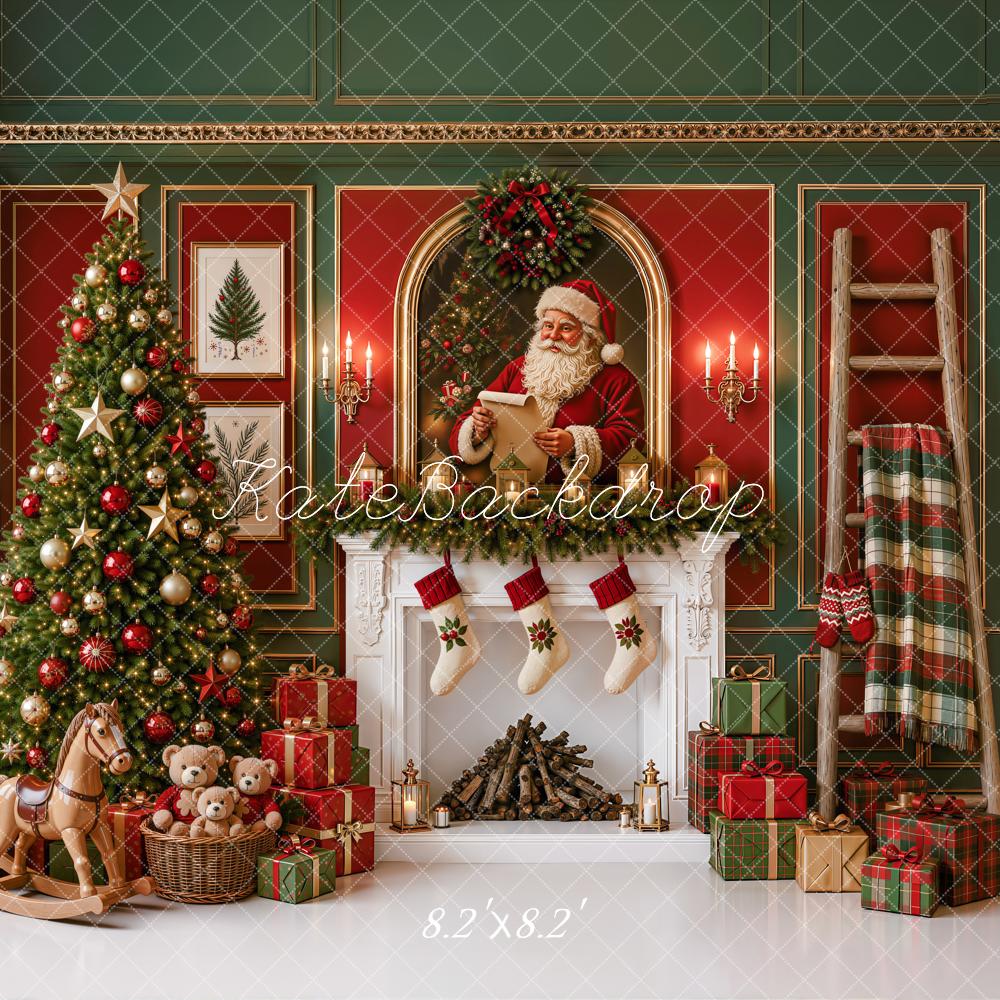 Kate Christmas Tree Santa Fireplace Rocking Horse Red Wall Printed Backdrop Designed by Emetselch
