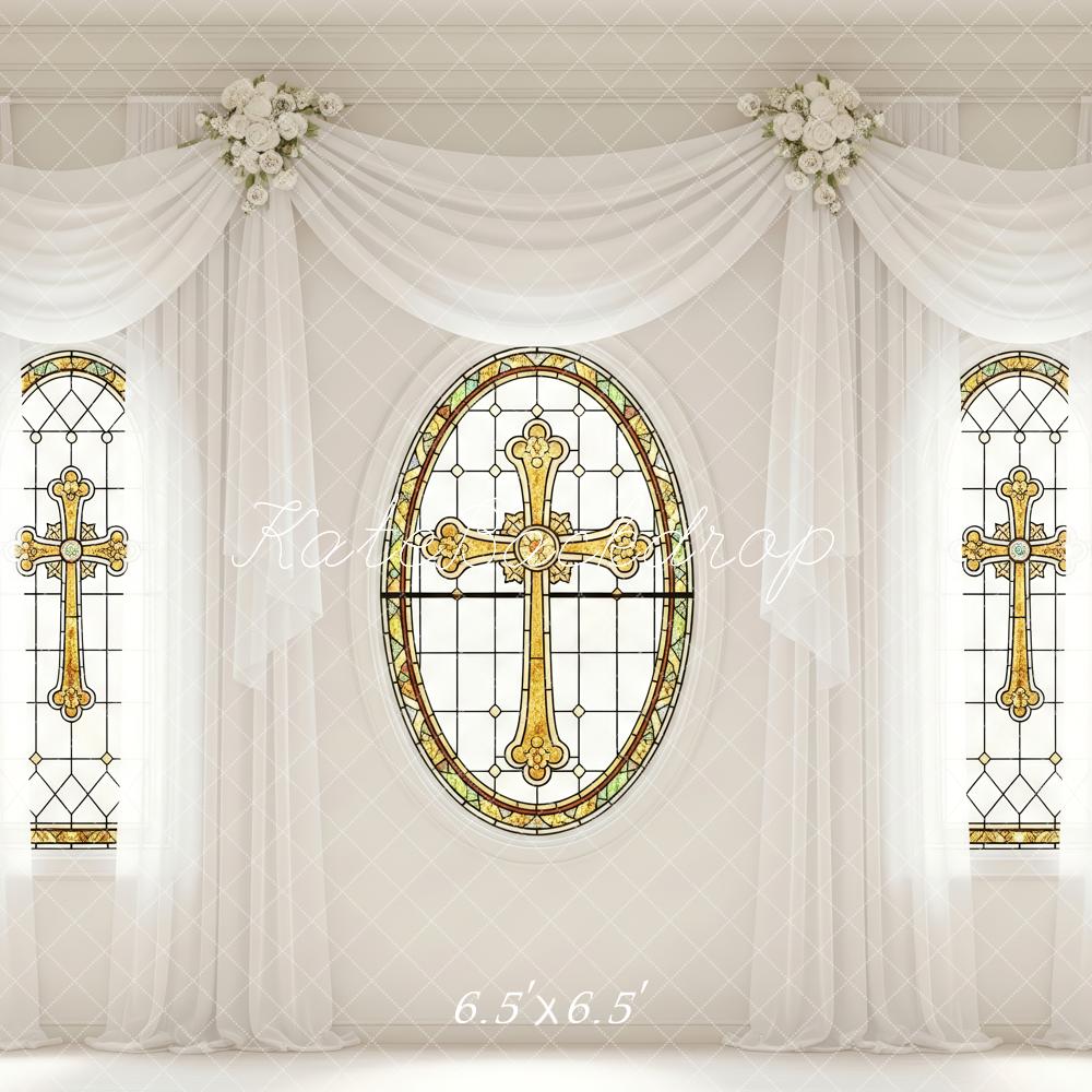 Kate Stained Glass Cross Window White Drapes Floral Backdrop Designed by Patty Roberts