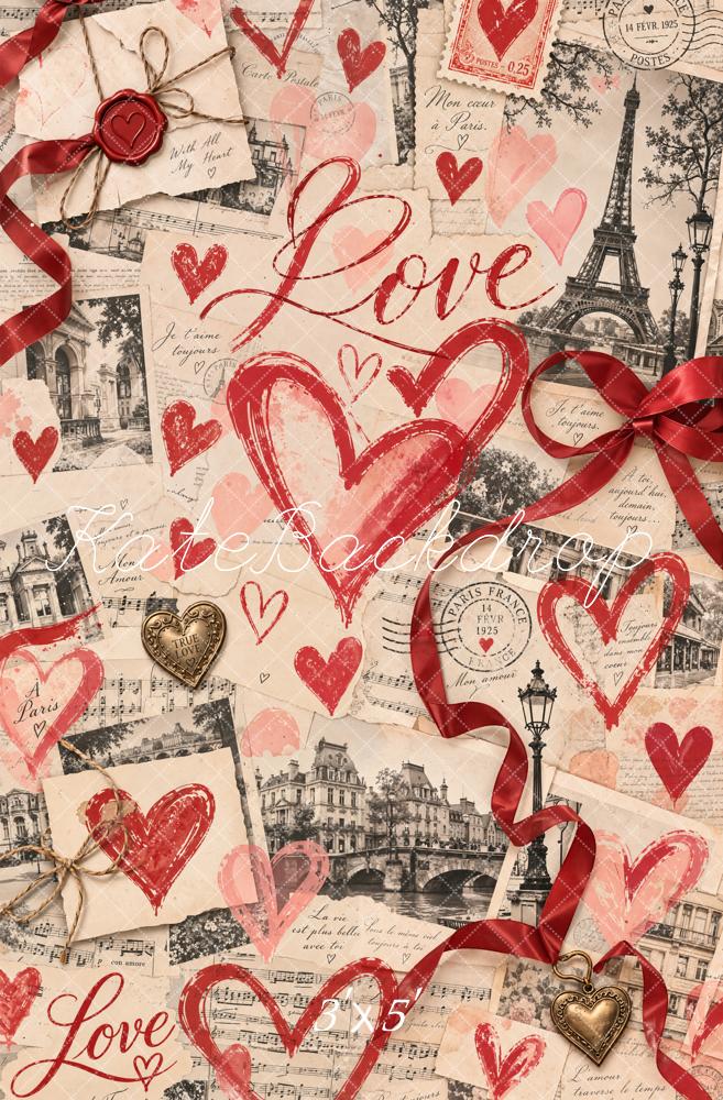 Kate Valentine's Day Newspaper Eiffel Tower Love Hearts Collage Printed Backdrop Designed by Chain Photography
