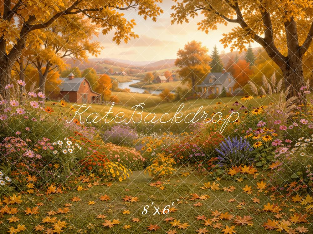 Kate Fall Countryside Golden Village Flower Meadow Printed Backdrop Designed by Emetselch